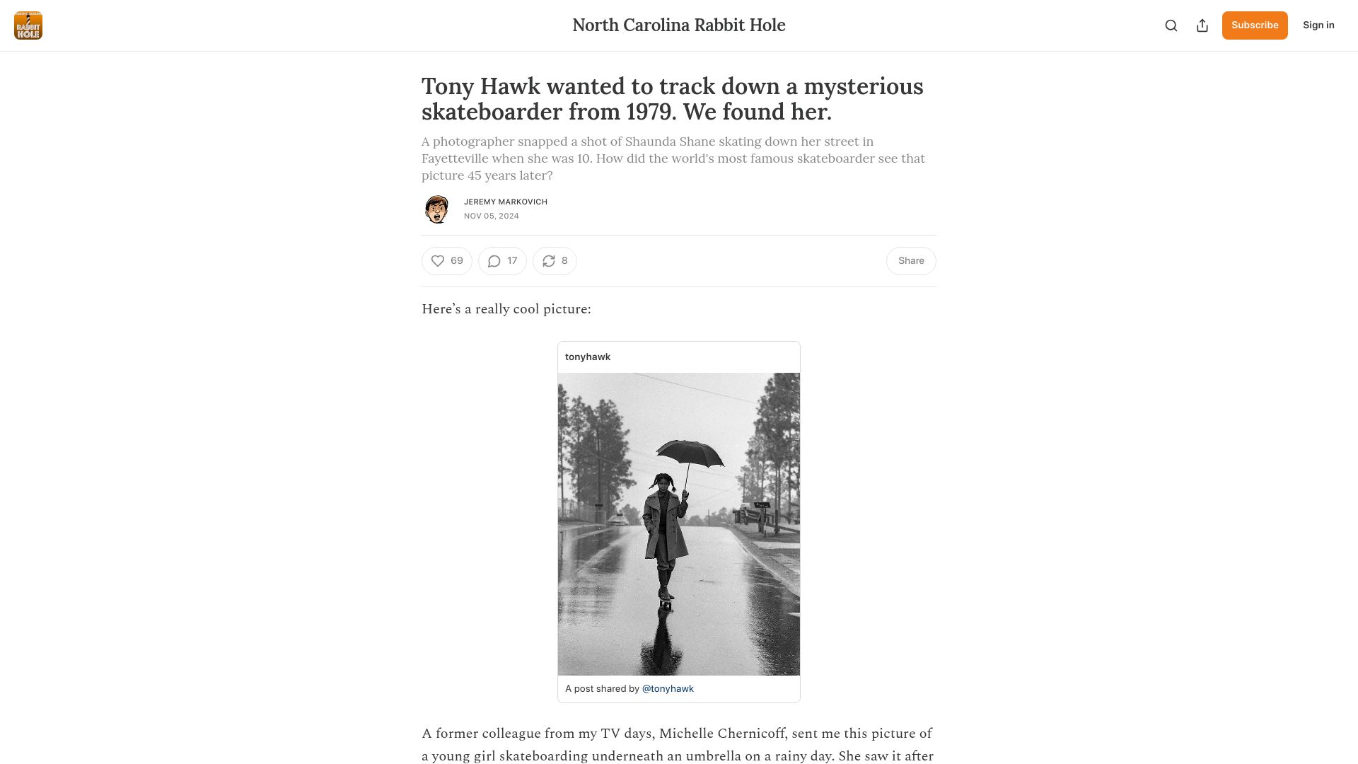 Screenshot of ncrabbithole.com: Tracking down a mysterious skateboarder from 1979