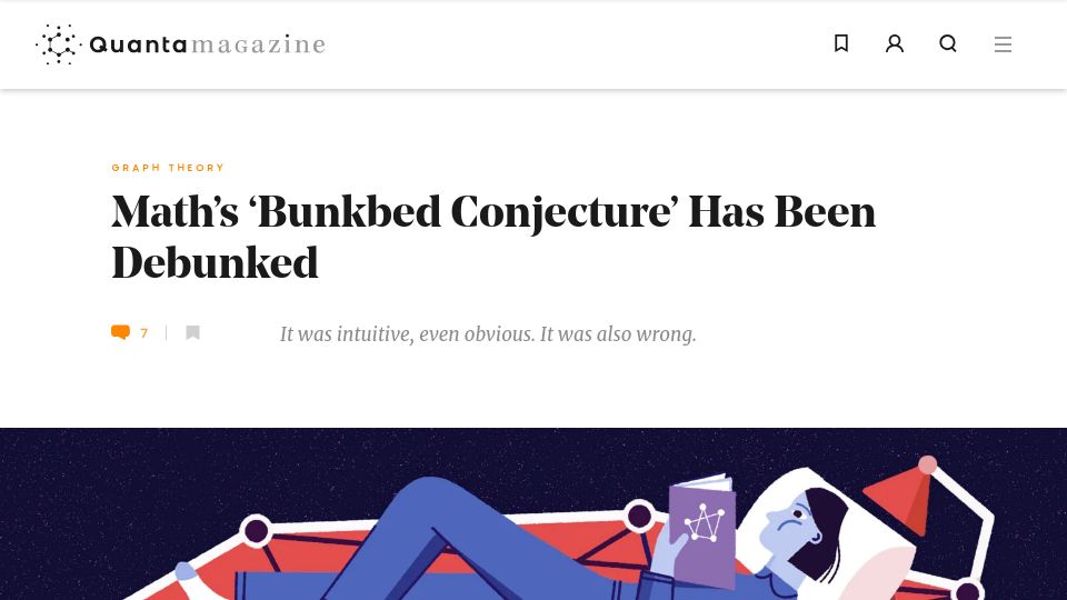 Screenshot of quantamagazine.org: Math's 'Bunkbed Conjecture' Has Been Debunked