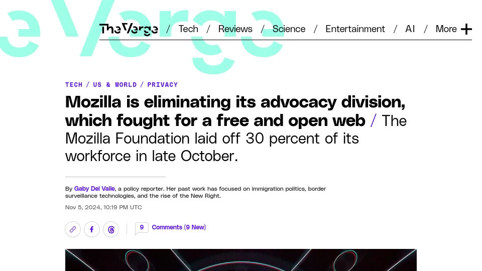Screenshot of theverge.com: Mozilla is eliminating its advocacy division