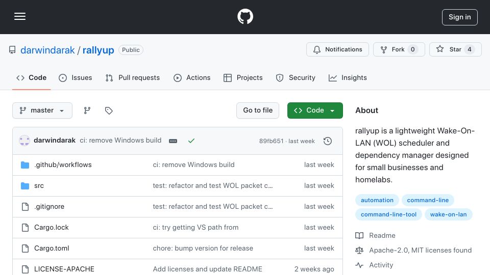 Screenshot of github.com: Show HN: rallyup – Lightweight Wake-on-LAN Scheduler