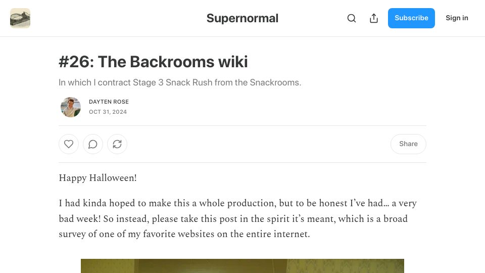 Screenshot of daytenrose.substack.com: The Backrooms Wiki