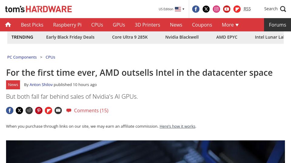 Screenshot of tomshardware.com: AMD outsells Intel in the datacenter space