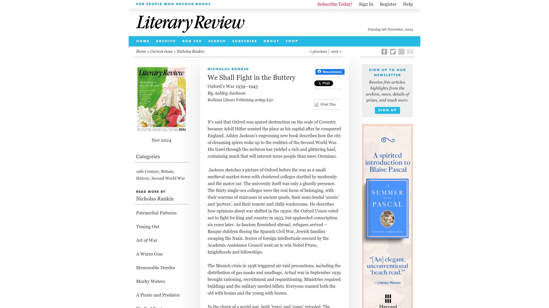 Screenshot of literaryreview.co.uk: We Shall Fight in the Buttery – Oxford's War 1939–1945
