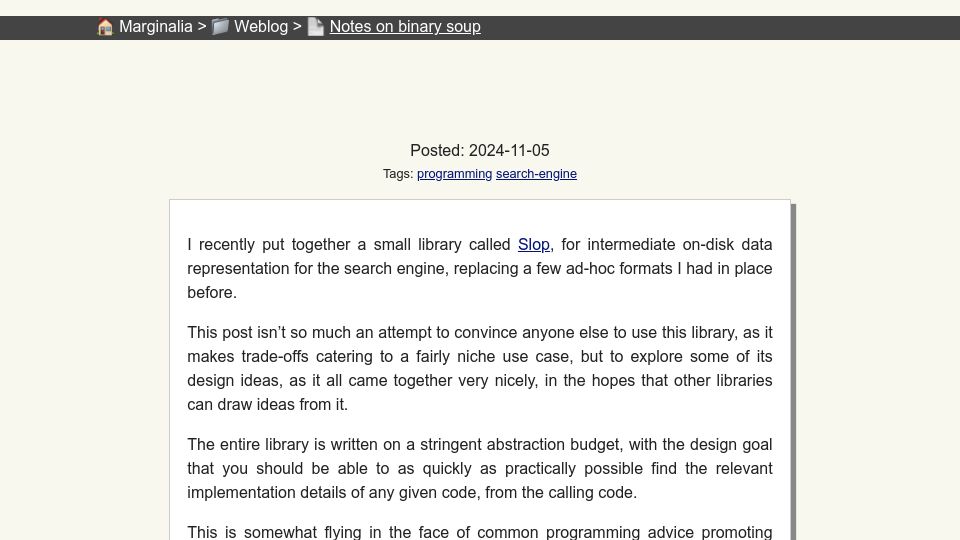Screenshot of marginalia.nu: Notes on Binary Soup