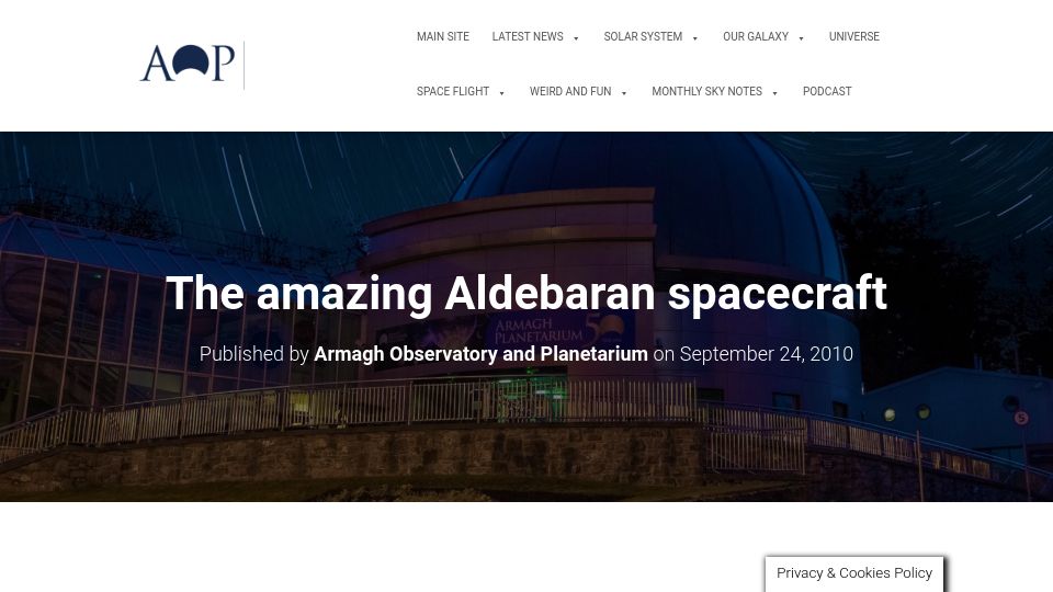 Screenshot of armaghplanet.com: Aldebaran 1959 Spacecraft Concept (2010)