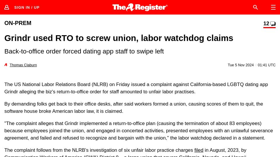 Screenshot of theregister.com: Grindr used RTO to screw union, labor watchdog claims