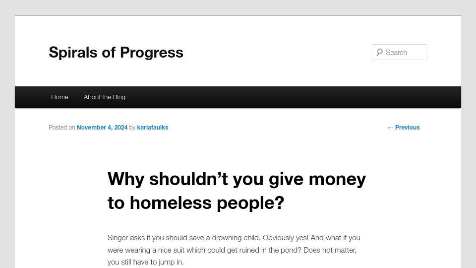 Screenshot of spiralprogress.com: Why shouldn't you give money to homeless people?