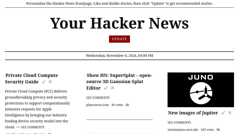 Screenshot of yourhackernews.com: Show HN: Hacker News frontpage as a print newspaper that you can personalize