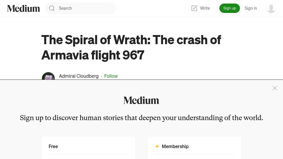 Screenshot of admiralcloudberg.medium.com: The Spiral of Wrath: The crash of Armavia flight 967