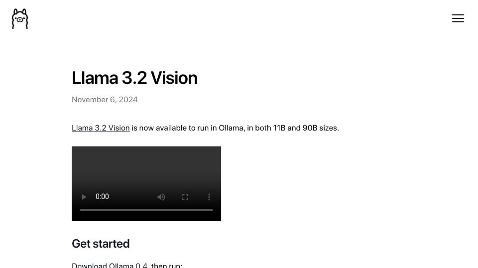 Screenshot of ollama.com: Ollama 0.4 is released with support for Meta's Llama 3.2 Vision models locally