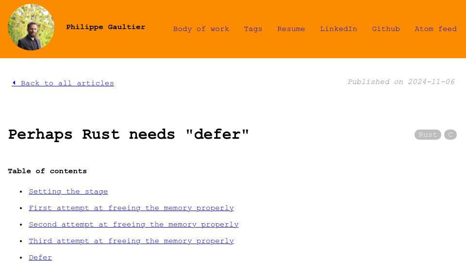 Screenshot of gaultier.github.io: Perhaps Rust Needs "Defer"