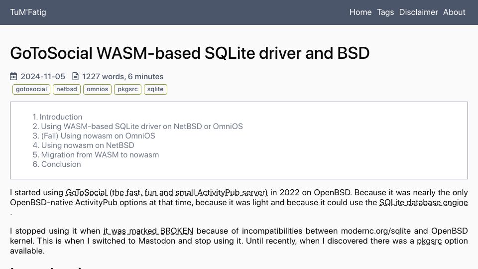 Screenshot of tumfatig.net: GoToSocial WASM-based SQLite driver and BSD