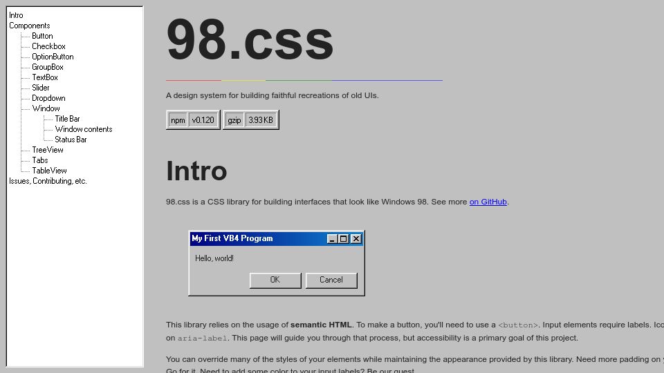 Screenshot of jdan.github.io: 98.css – A design system for building faithful recreations of old UIs