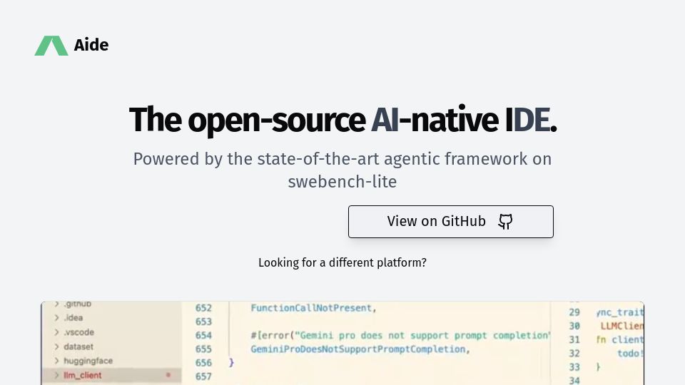 Screenshot of aide.dev: Show HN: Aide, an open-source AI native IDE