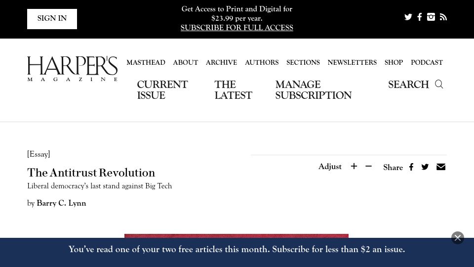 Screenshot of harpers.org: The Antitrust Revolution