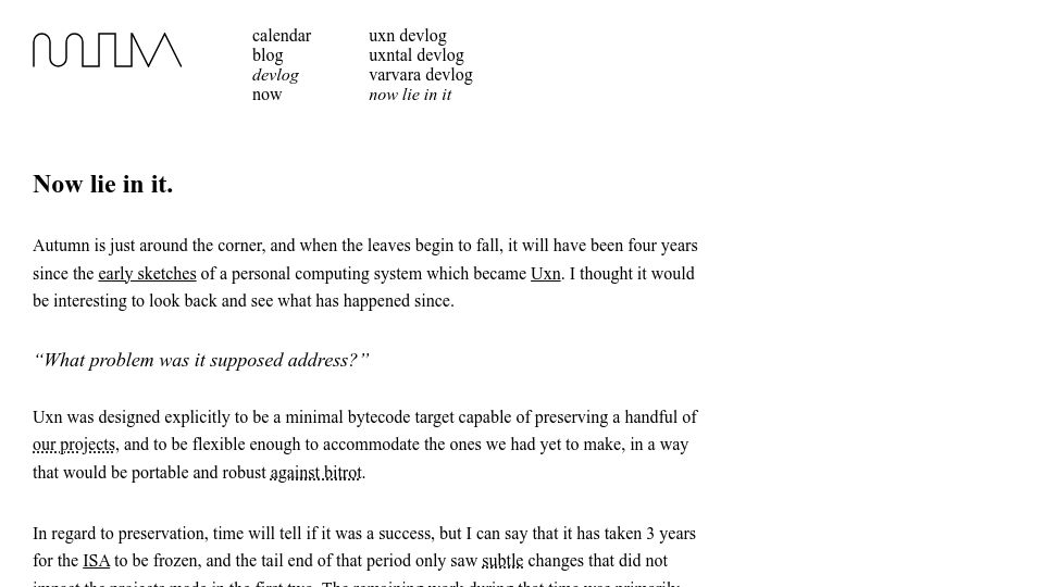 Screenshot of wiki.xxiivv.com: Now lie in it: an uxntal retrospective