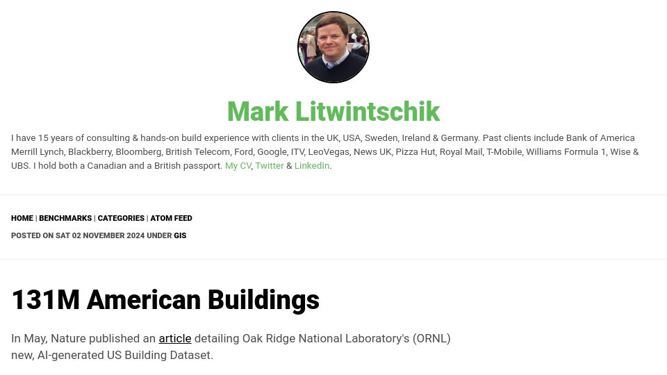 Screenshot of tech.marksblogg.com: 131M American Buildings