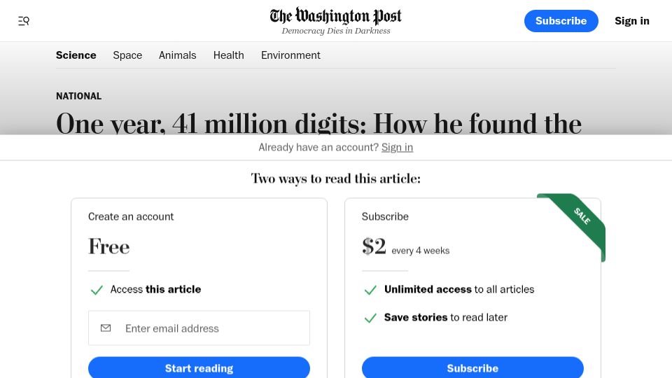 Screenshot of washingtonpost.com: One year, 41M digits: How Luke Durant found the largest known prime number