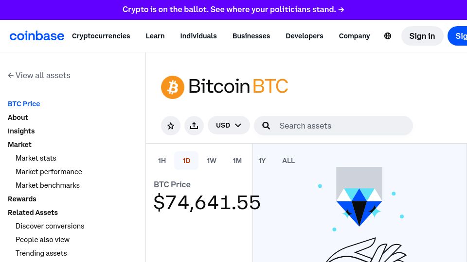 Screenshot of coinbase.com: Bitcoin has made a new all-time high price