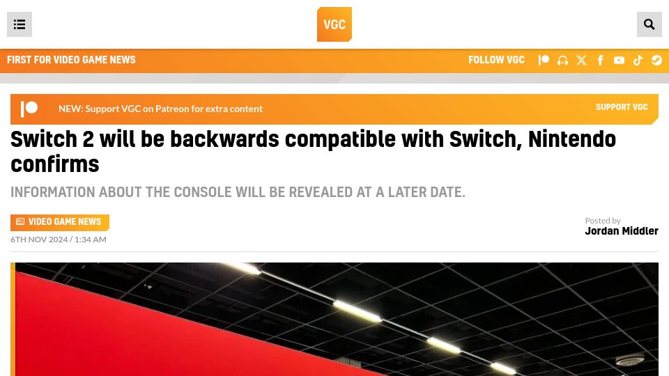 Screenshot of videogameschronicle.com: Switch 2 will be backwards compatible with Switch