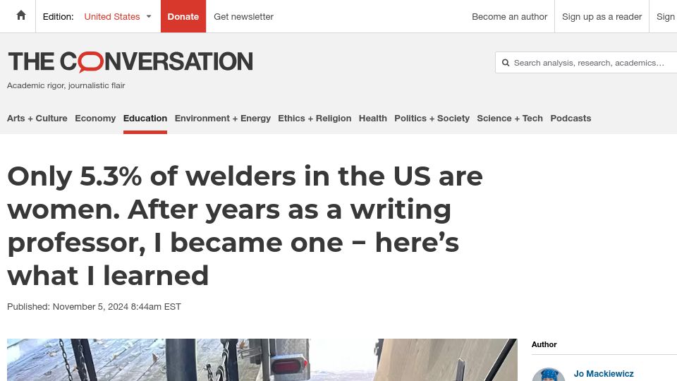 Screenshot of theconversation.com: Only 5.3% of US welders are women. After years as a professor, I became one