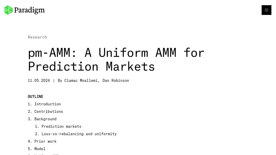 Screenshot of paradigm.xyz: Pm-AMM: A Uniform Automated Market Maker for Prediction Markets