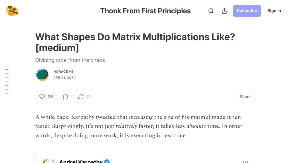 Screenshot of thonking.ai: What Shapes Do Matrix Multiplications Like?