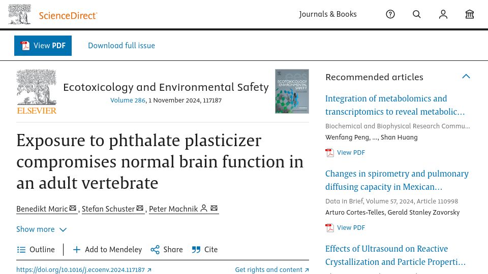Screenshot of sciencedirect.com: Exposure to phthalate compromises brain function in adult vertebrates