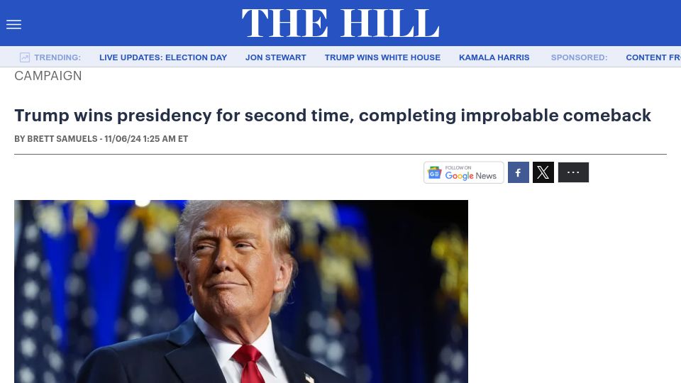 Screenshot of thehill.com: Trump wins presidency for second time