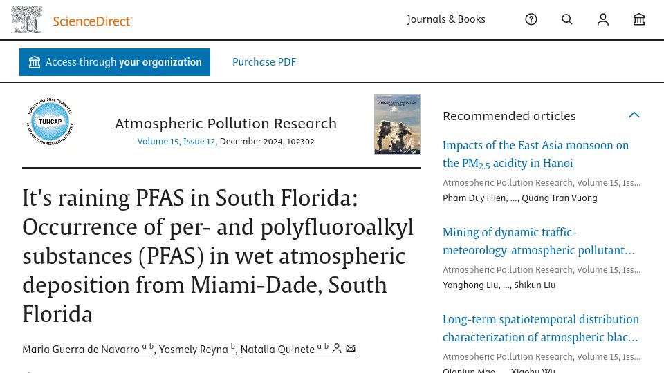 Screenshot of sciencedirect.com: It's raining PFAS in South Florida – study