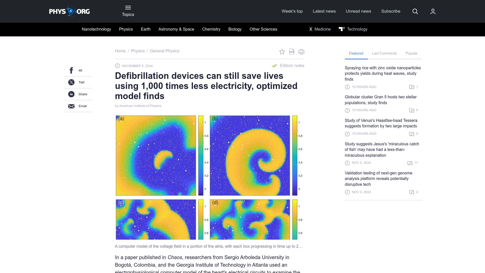 Screenshot of phys.org: Defibrillation devices save lives using 1k times less electricity