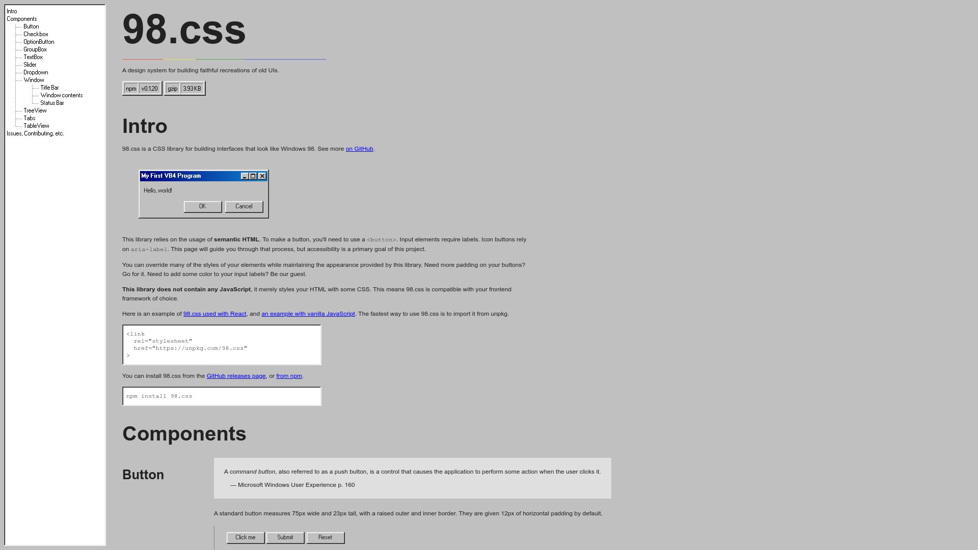 Screenshot of jdan.github.io: 98.css – A design system for building faithful recreations of old UIs