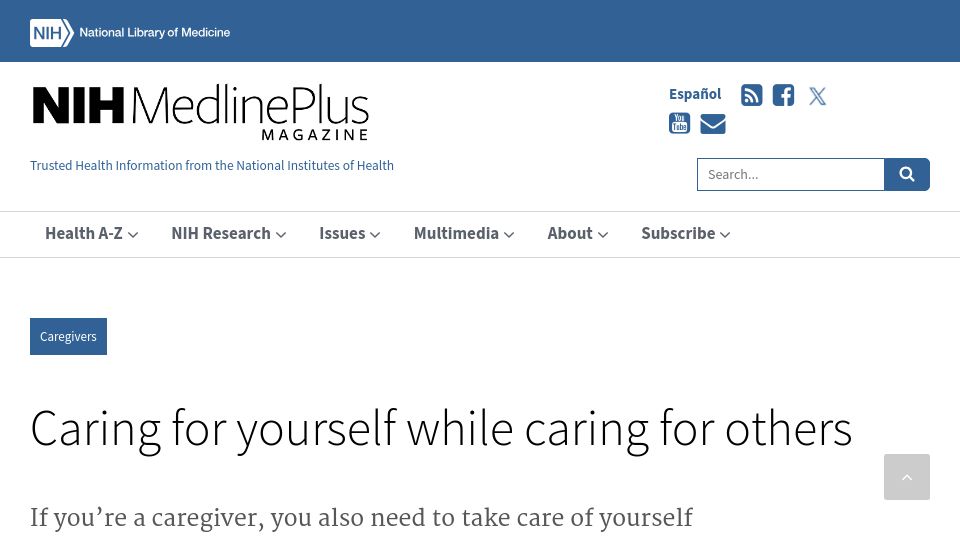 Screenshot of magazine.medlineplus.gov: Caring for yourself while caring for others