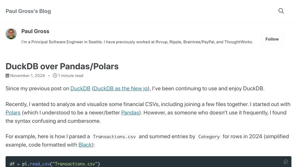 Screenshot of pgrs.net: DuckDB over Pandas/Polars