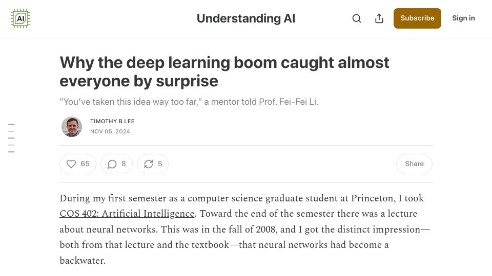 Screenshot of understandingai.org: The deep learning boom caught almost everyone by surprise