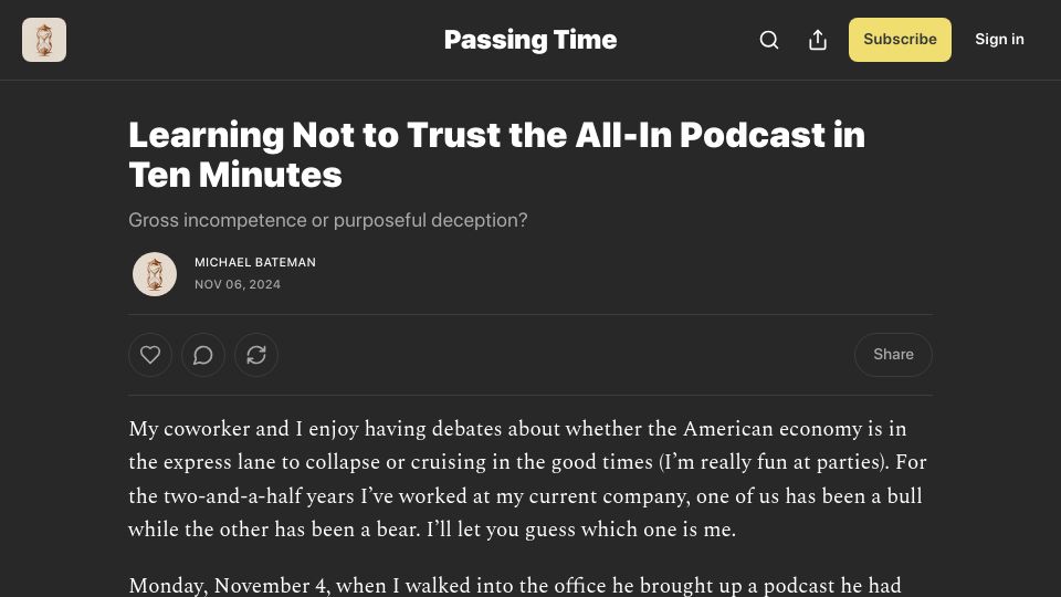 Screenshot of passingtime.substack.com: Learning not to trust the All-In podcast