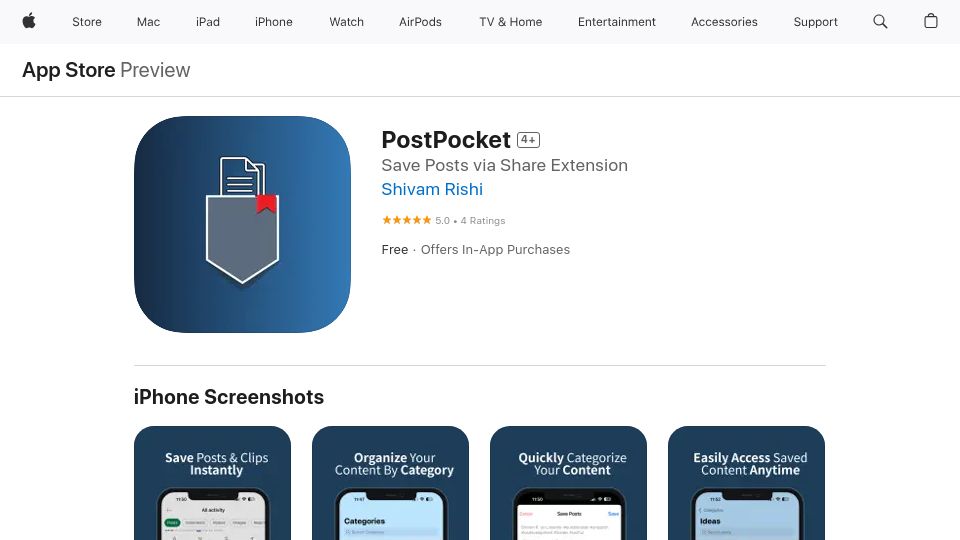 Screenshot of apps.apple.com: Just Launched: PostPocket – Effortlessly Save and Organize Your Online Content