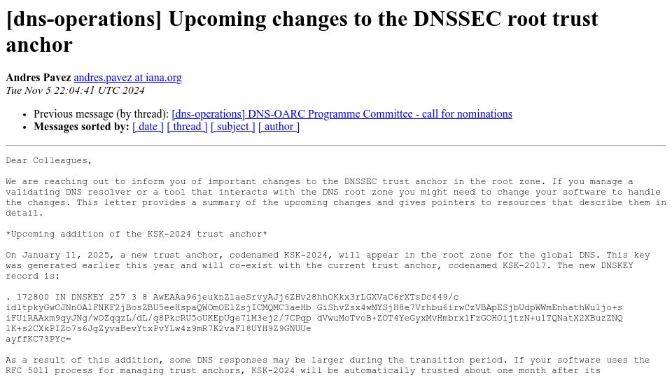 Screenshot of lists.dns-oarc.net: Upcoming changes to the DNSSEC root trust anchor