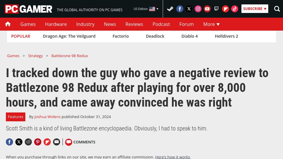 Screenshot of pcgamer.com: The guy who gave a negative review to Battlezone 98 Redux after playing 8k hours