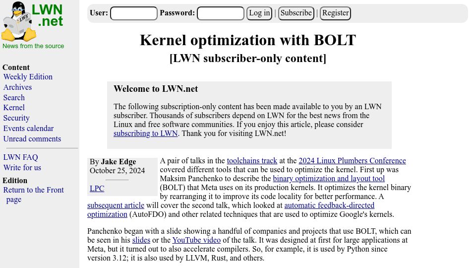 Screenshot of lwn.net: Kernel optimization with BOLT (binary optimization and layout tool)