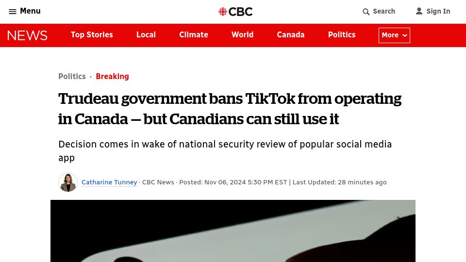 Screenshot of cbc.ca: Trudeau government bans TikTok from operating in Canada