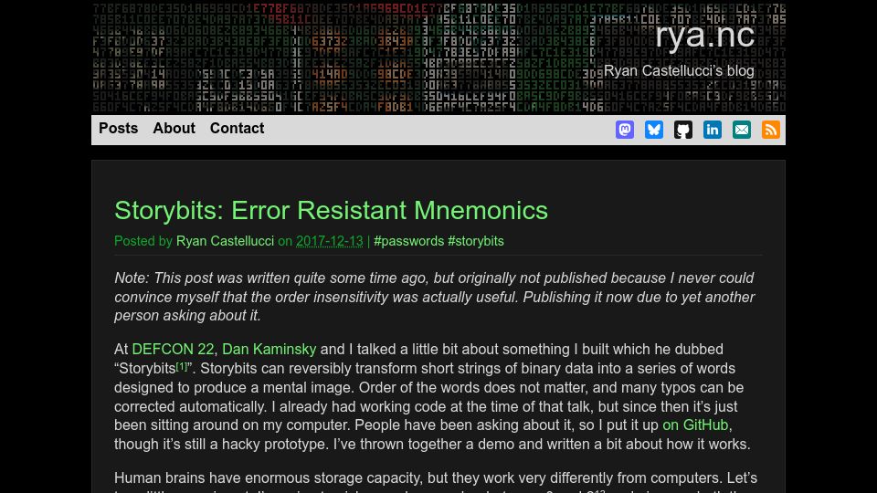 Screenshot of rya.nc: Storybits: Error Resistant Mnemonics