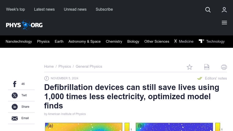 Screenshot of phys.org: Defibrillation devices save lives using 1k times less electricity