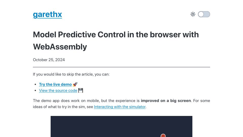 Screenshot of garethx.com: Model Predictive Control in the Browser with WebAssembly