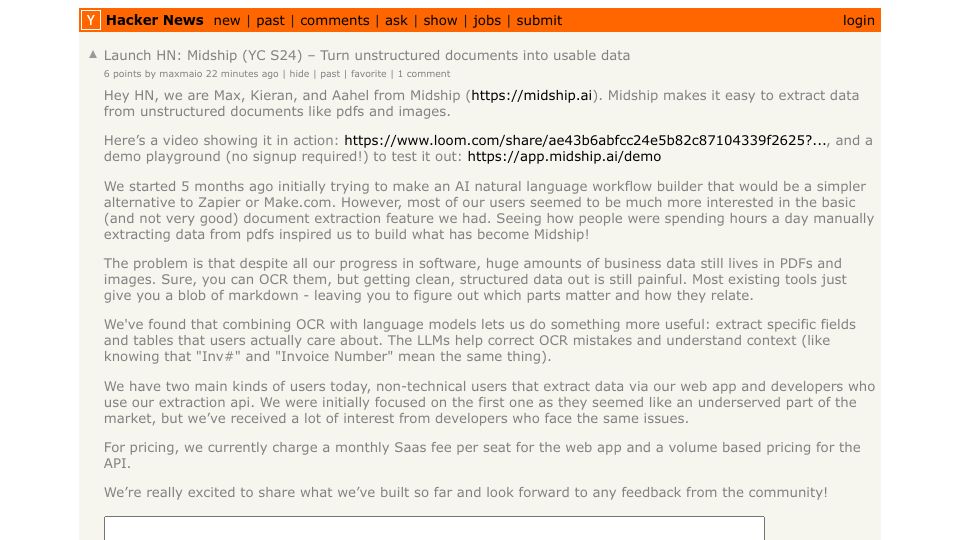 Screenshot of Hacker News post: Launch HN: Midship (YC S24) – Turn PDFs, docs, and images into usable data