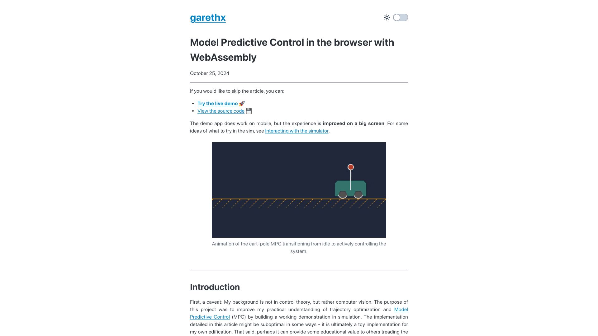 Screenshot of garethx.com: Model Predictive Control in the Browser with WebAssembly