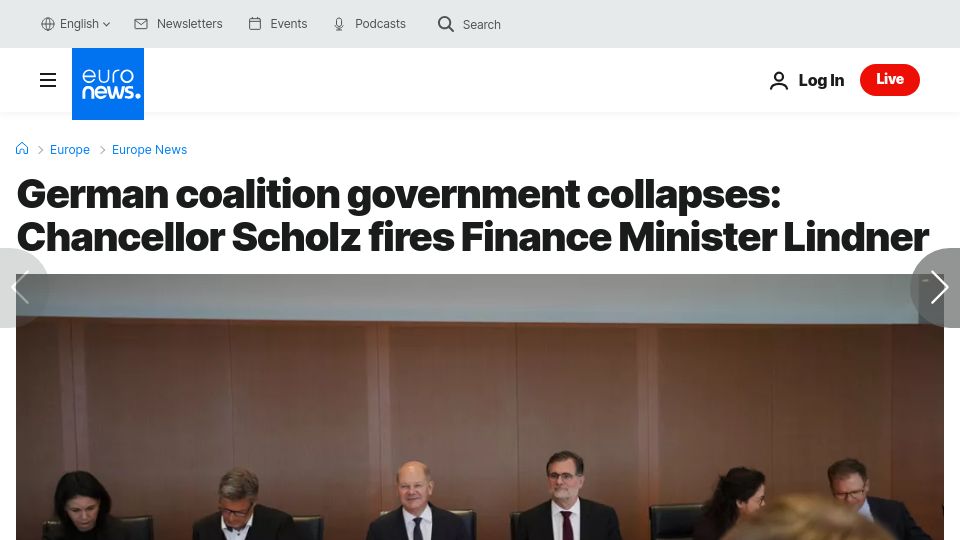 Screenshot of euronews.com: German coalition government collapses