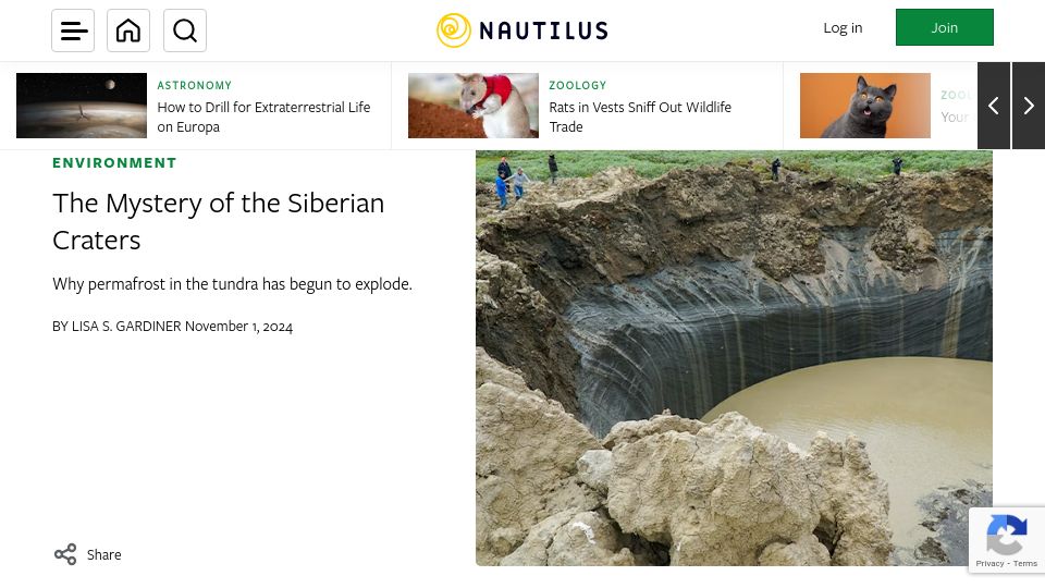 Screenshot of nautil.us: Solving the Siberian Crater Mystery