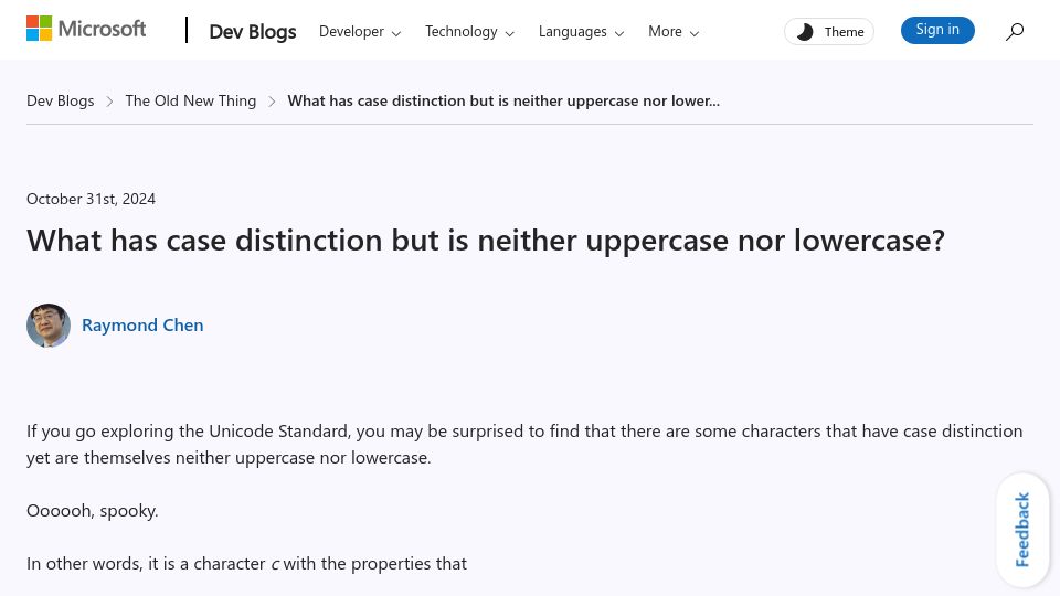Screenshot of devblogs.microsoft.com: What has case distinction but is neither uppercase nor lowercase?