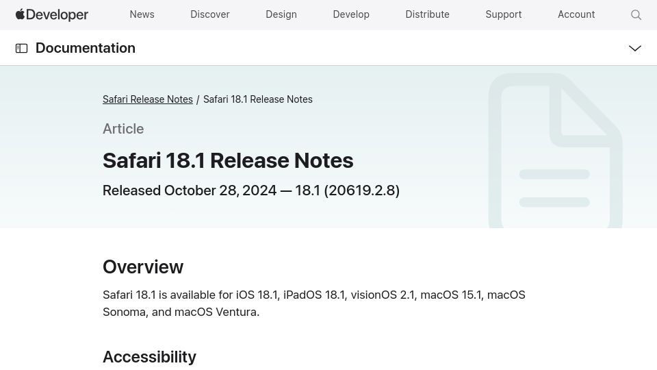 Screenshot of developer.apple.com: Safari 18.1 Release Notes